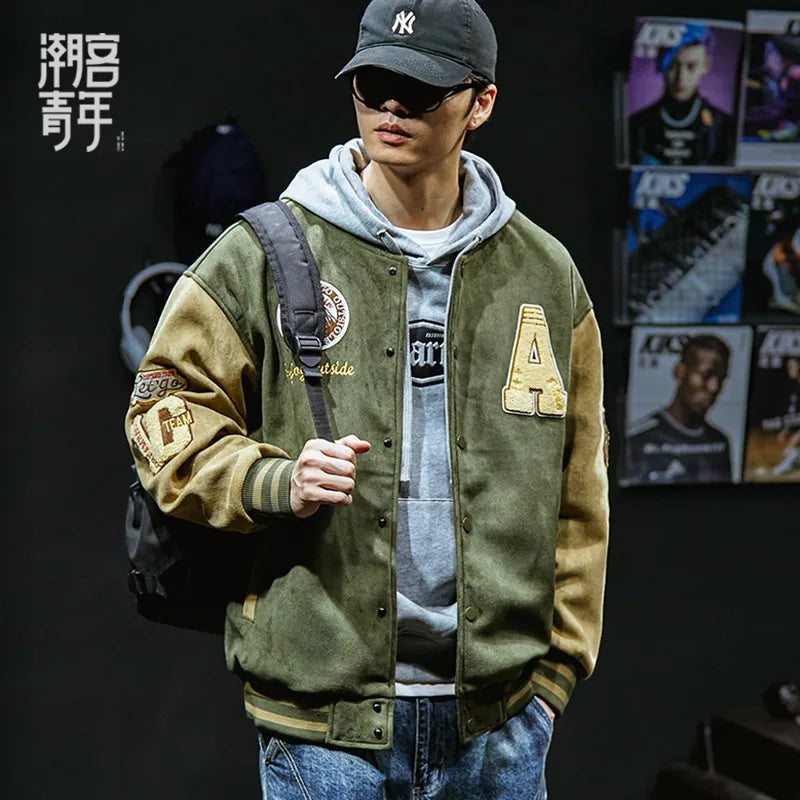 Graphic Long Sleeve Button Front Casual Varsity Style Jacket