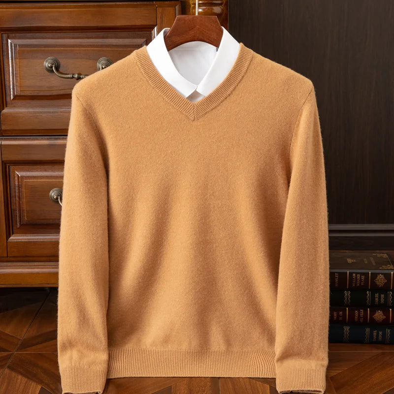 Men's Wool V-Neck Long-Sleeve Knit Pullover Sweater