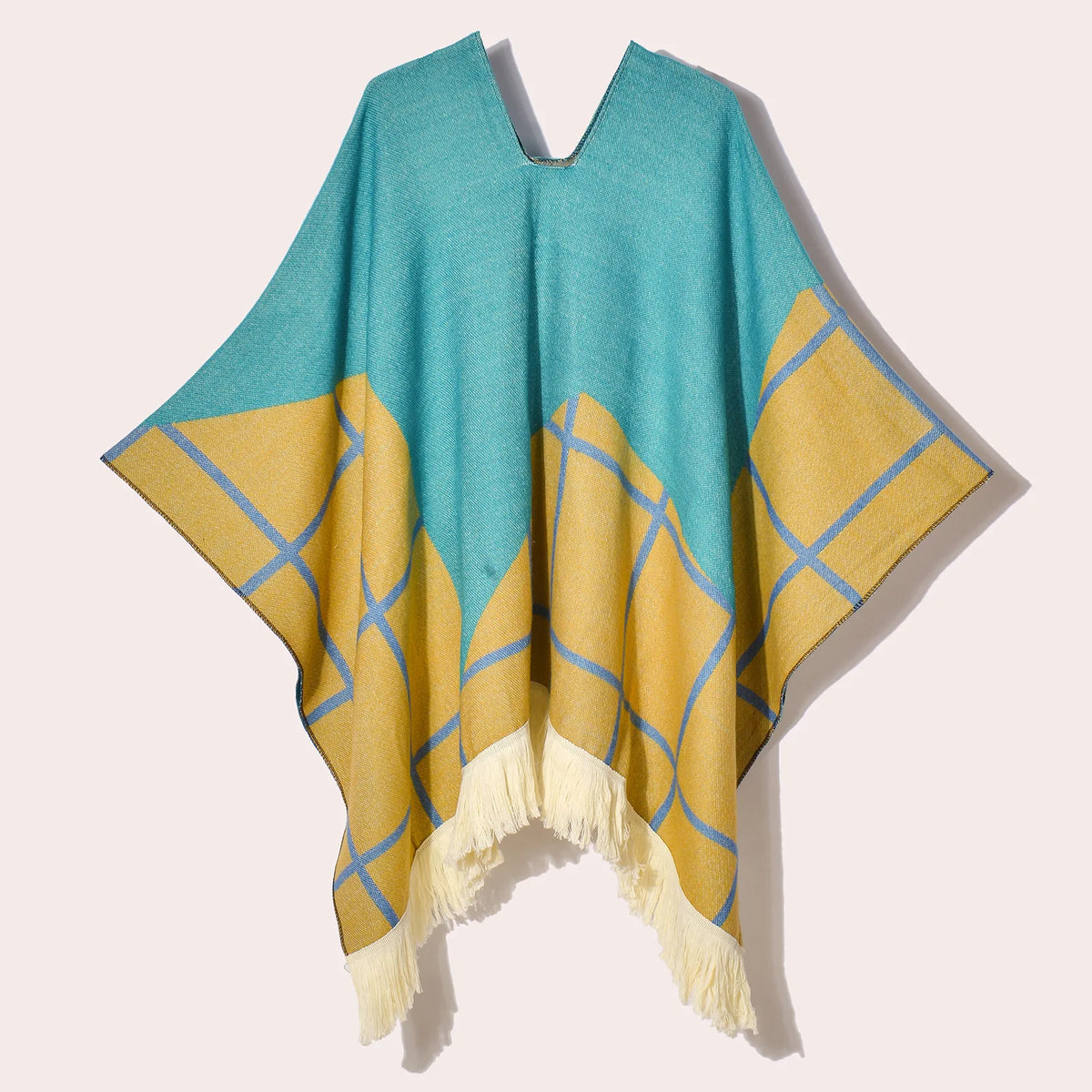 Geometric Pattern Fringe Poncho for Layering over Outfits