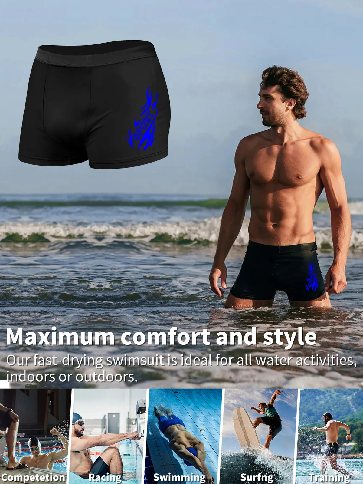 Men's Swim Shorts with Slim-Fit Swimming Style for Beach and Pool Wear
