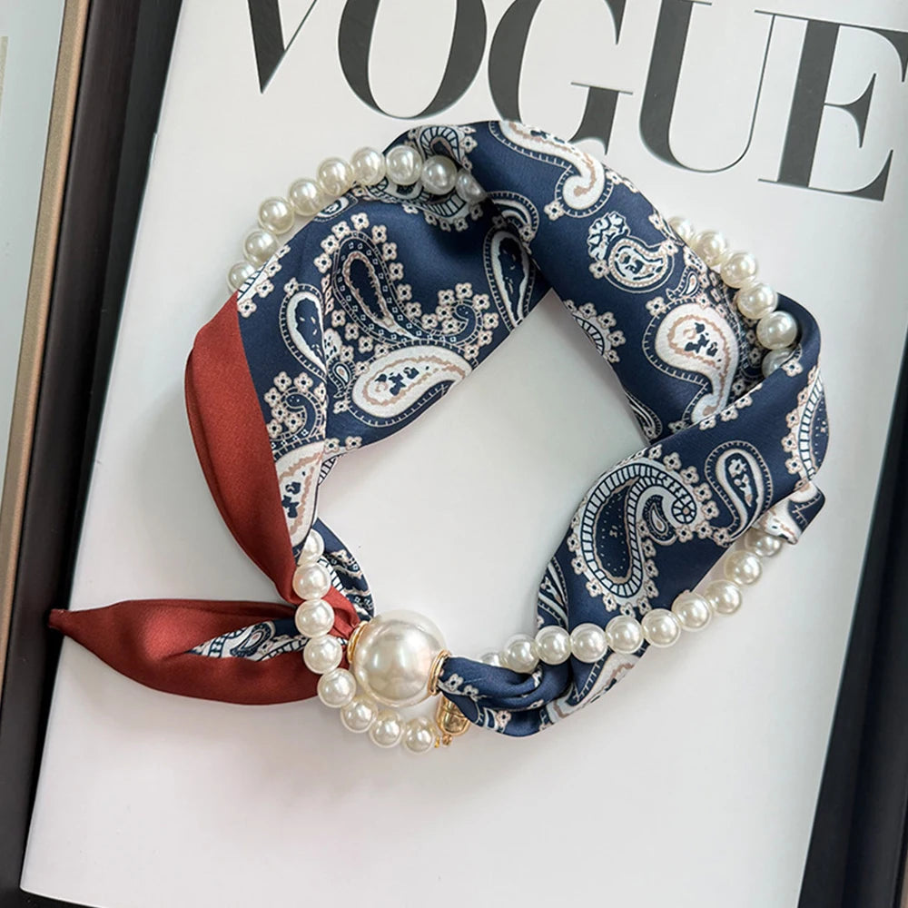 Printed Neck Scarf with Decorative Pearl Style Clasp Options