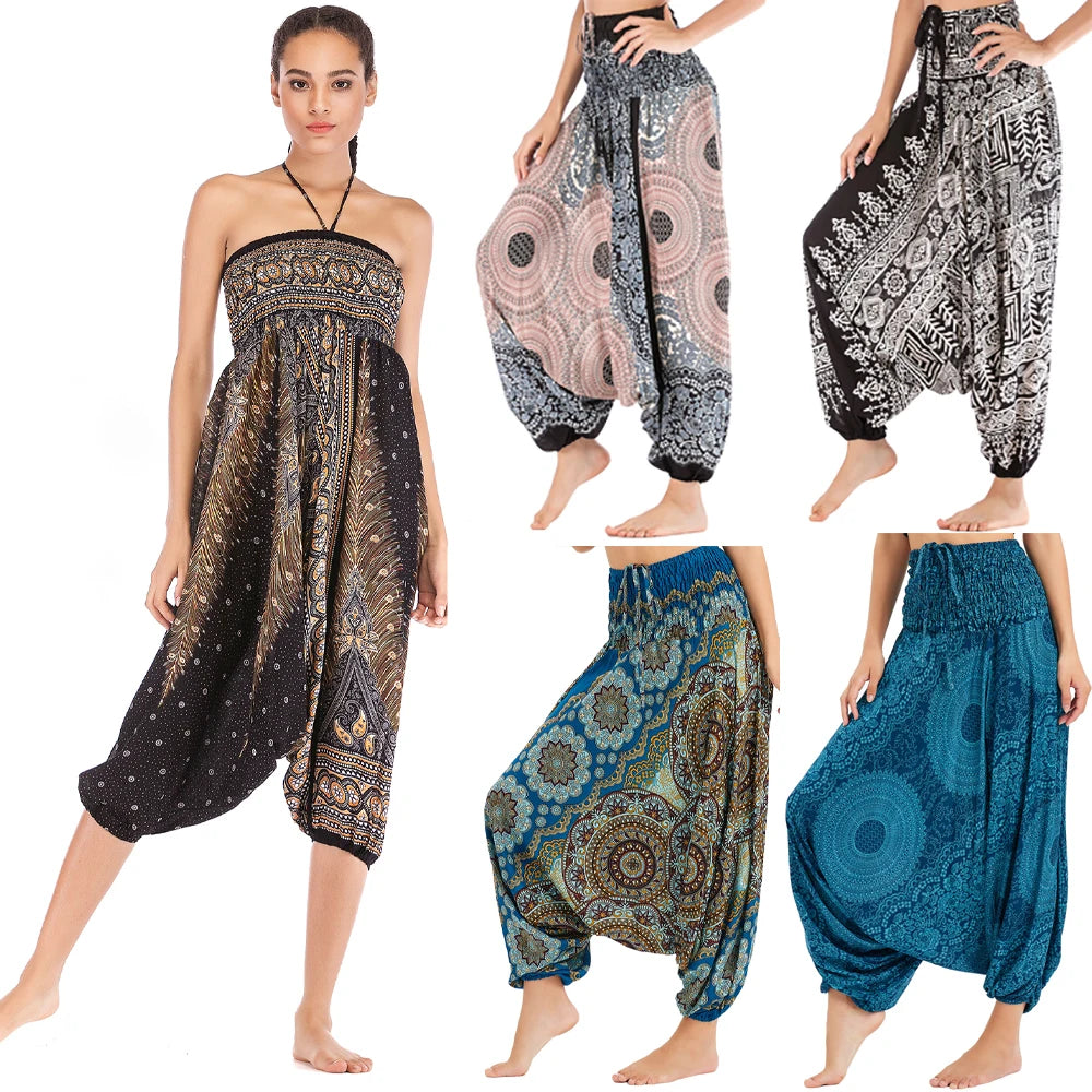 Women's Printed Rayon Harem Pants with Elastic Waist and Convertible Styling
