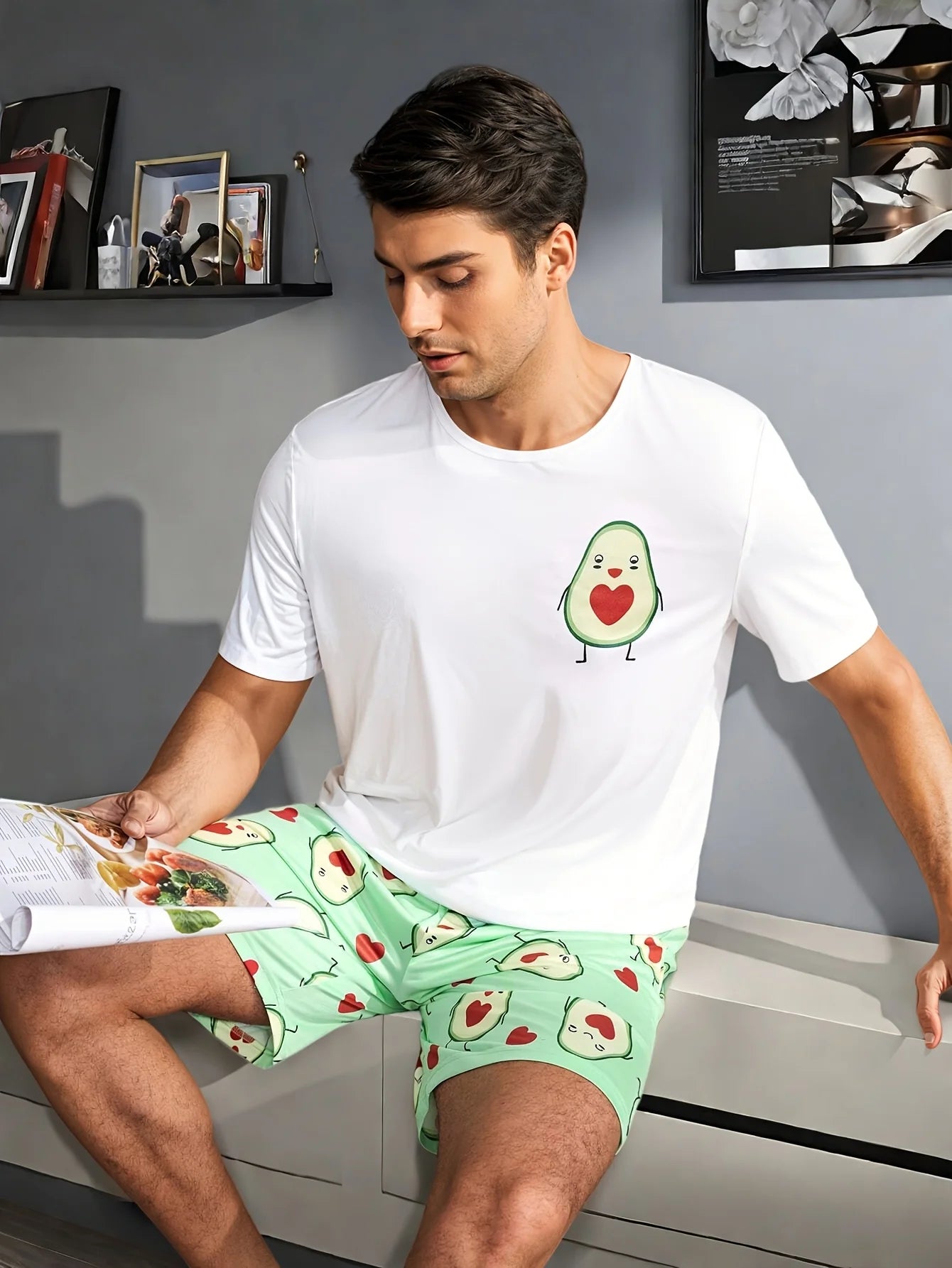 Men's Avocado Print T Shirt and Shorts Pajama Set