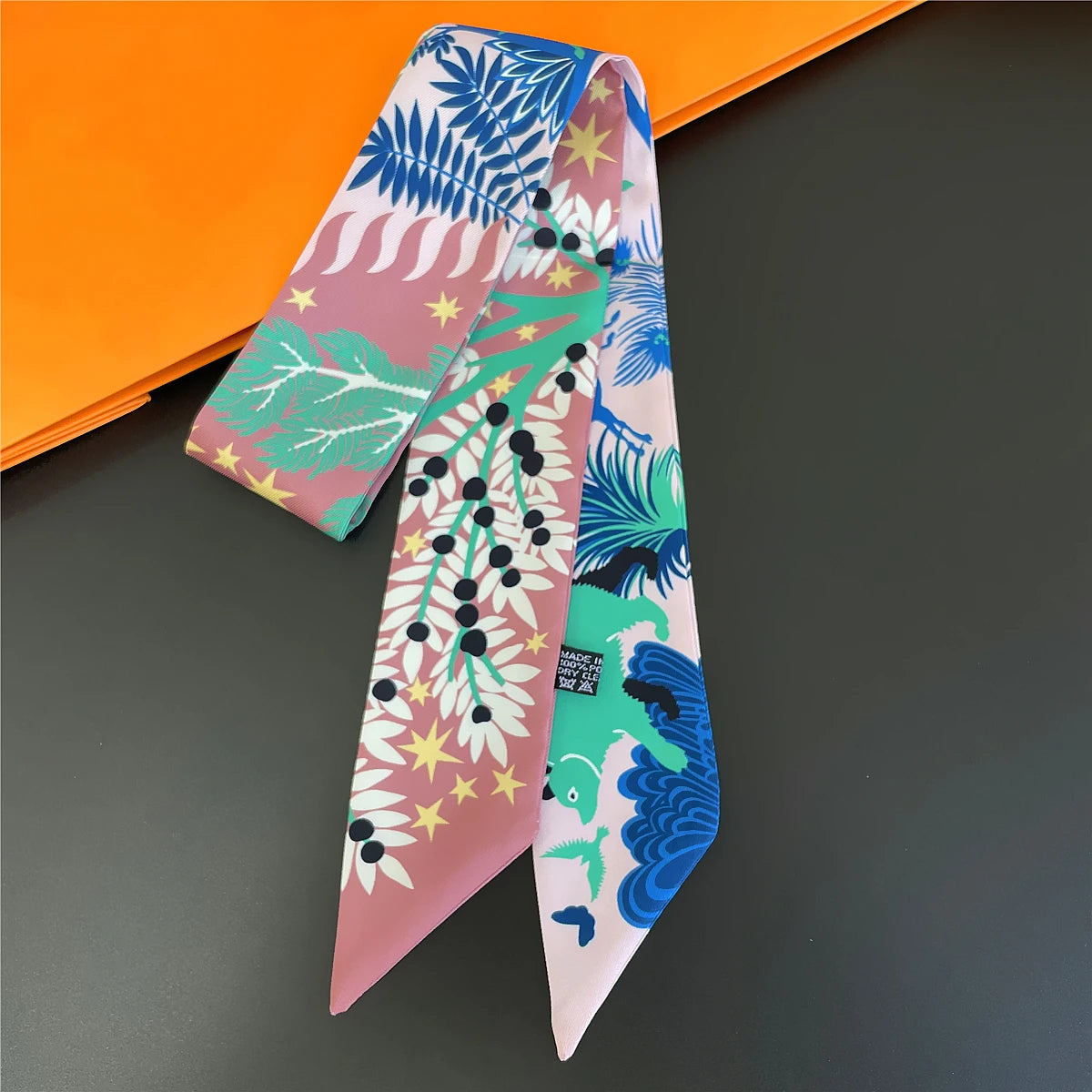 Colorful Printed Skinny Ribbon Scarf with Tie Ends