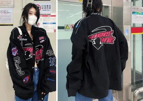 Collared Long Sleeve Loose Fit Casual Streetwear Bomber Jacket