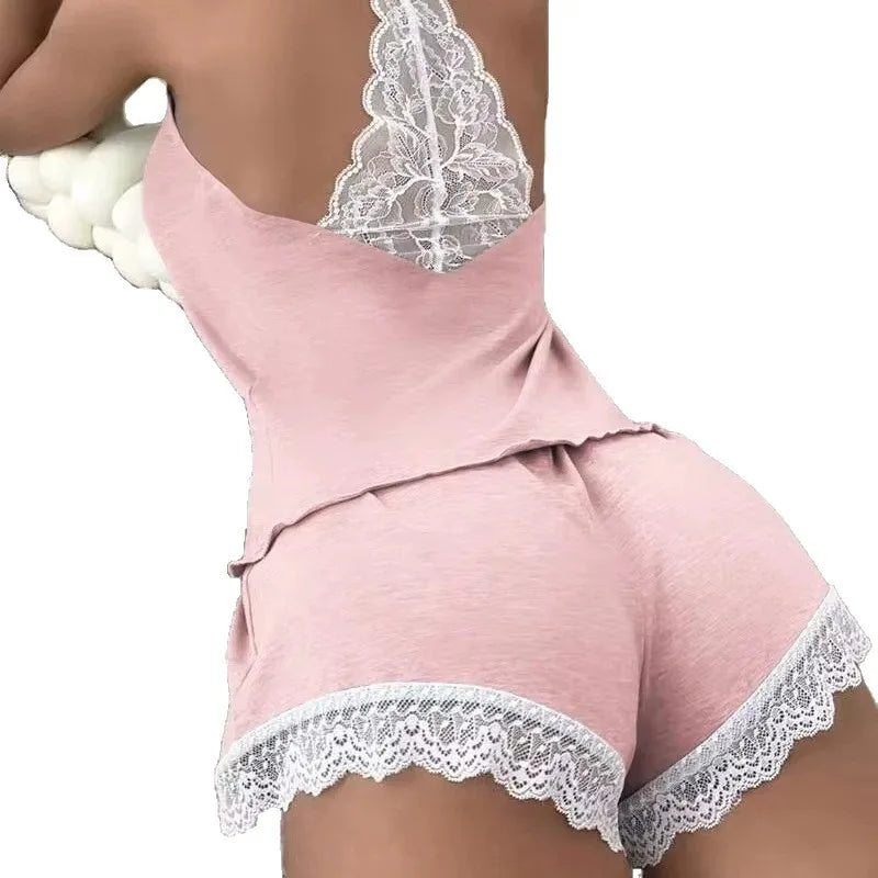 Women's Lace Back Cami Pajama Set with Top and Shorts