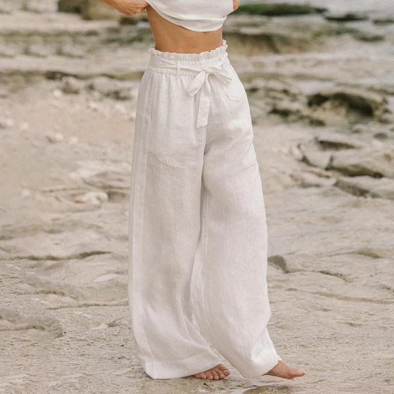 Women's Linen-Lyocell High-Waist Wide-Leg Pants with Elastic Tie Waist and Side Pockets