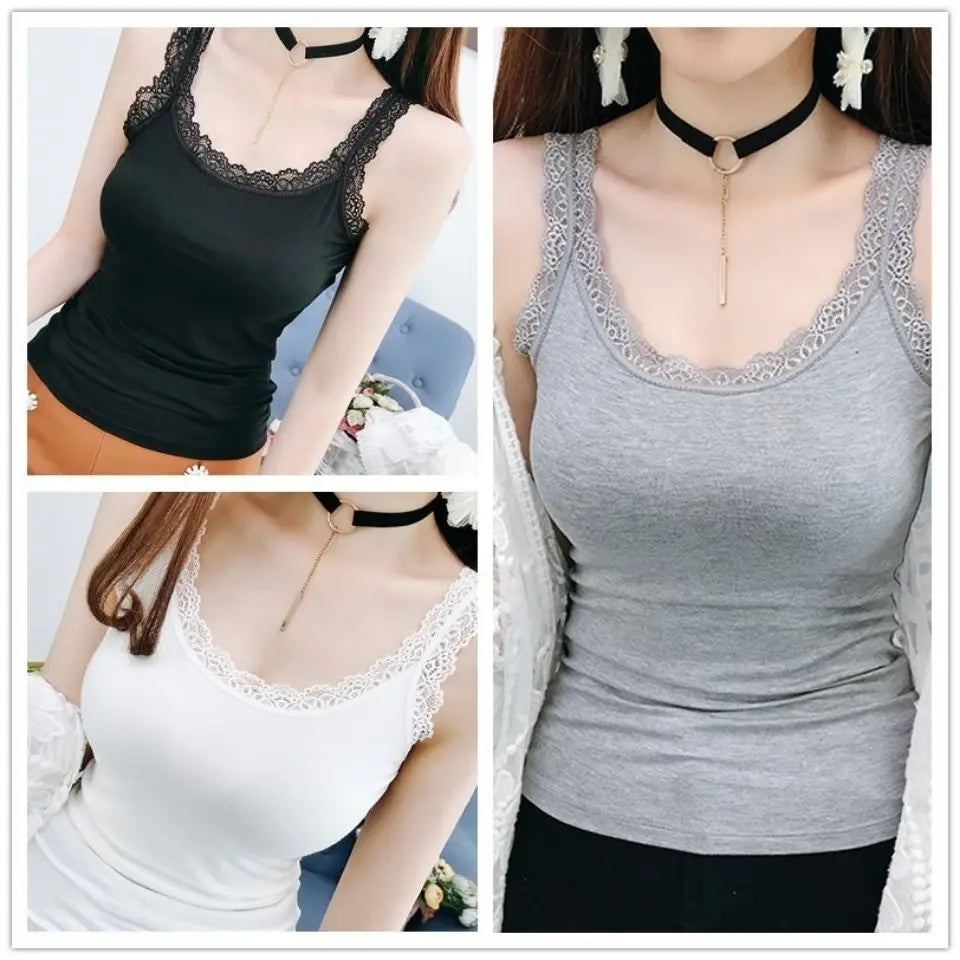 Women's Fitted Camisole with Spaghetti Straps and Lace Trim at the Neckline