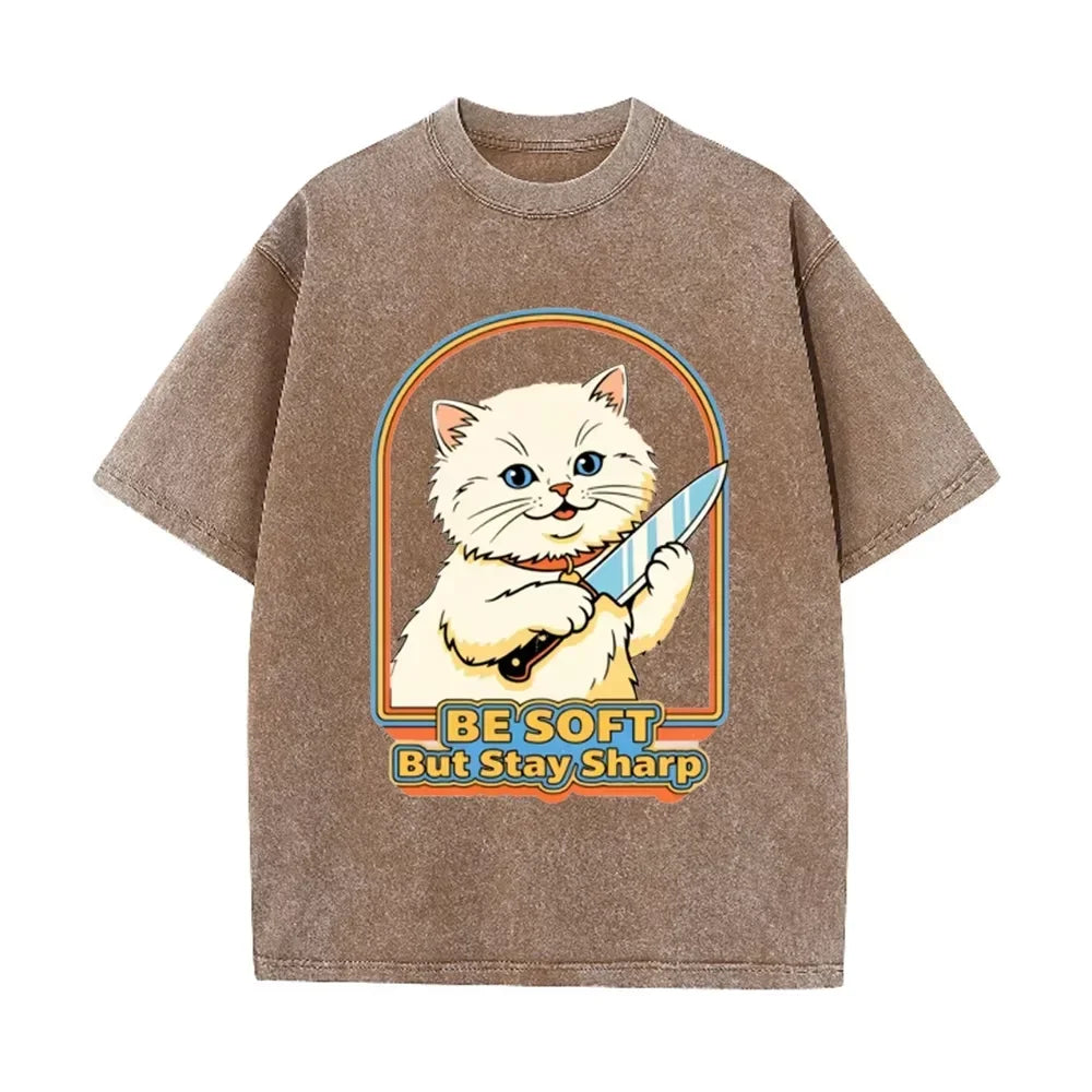 Vintage Washed Purple  Be Soft But Stay Sharp Knife Cat Retro Casual Graphic T Shirt