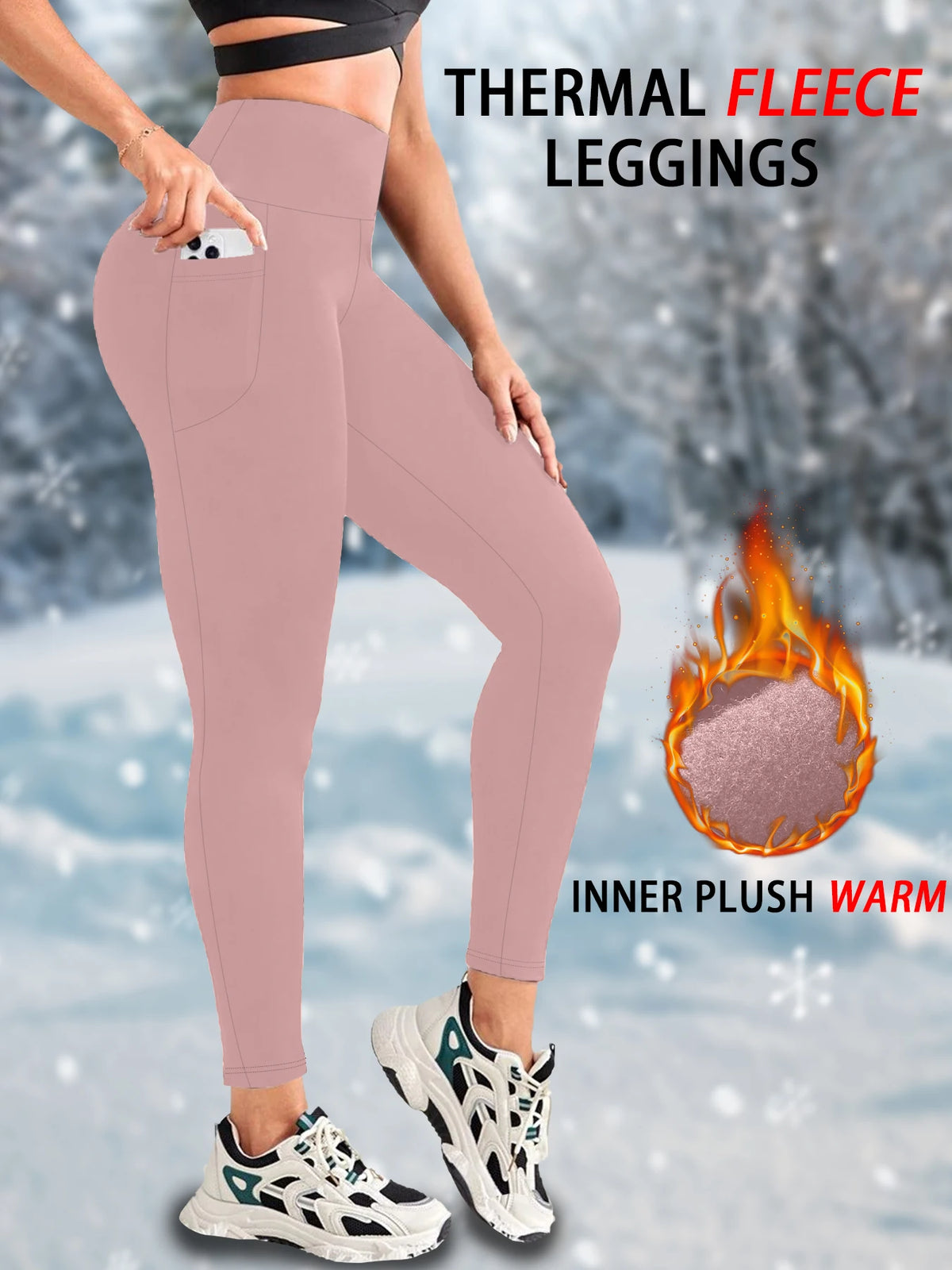 Women's High-Waist Fleece-Lined Leggings with Side Pockets