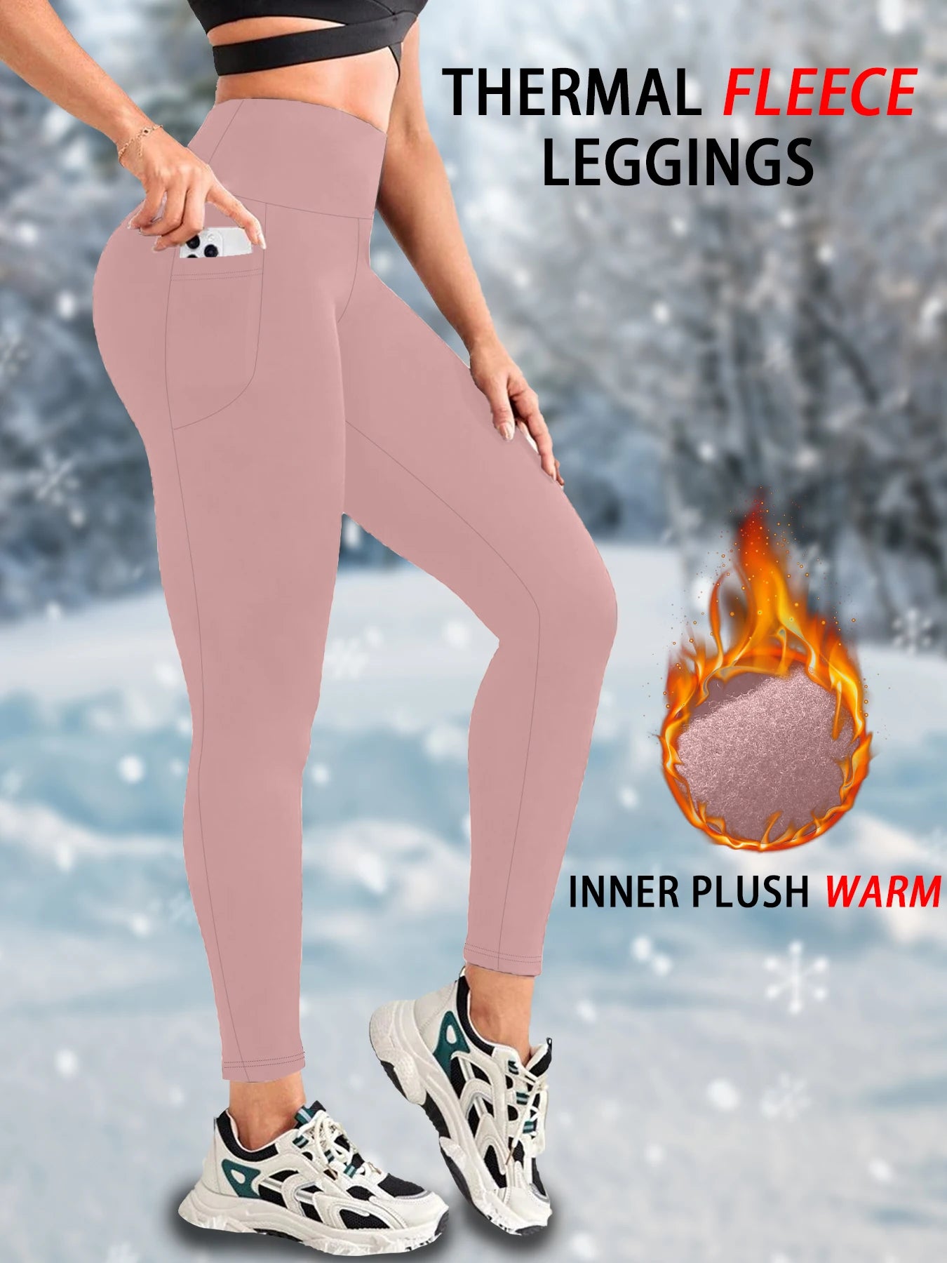 Women's High-Waist Fleece-Lined Leggings with Side Pockets