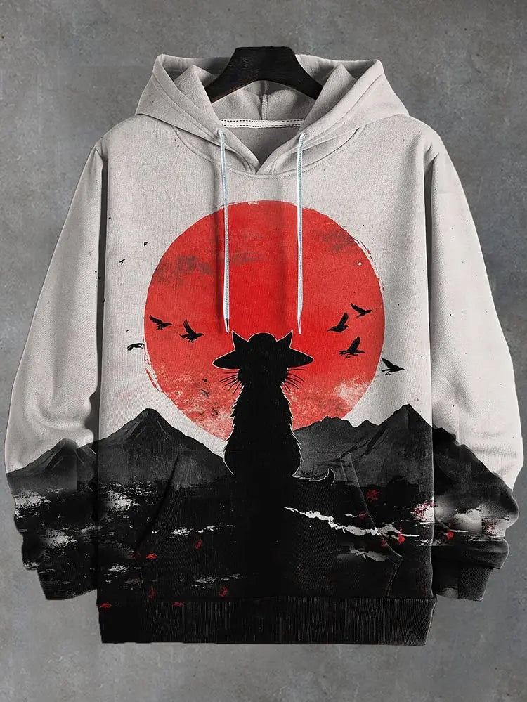 Cat Dinosaur and UFO Graphic Long-Sleeve Pullover Hoodie