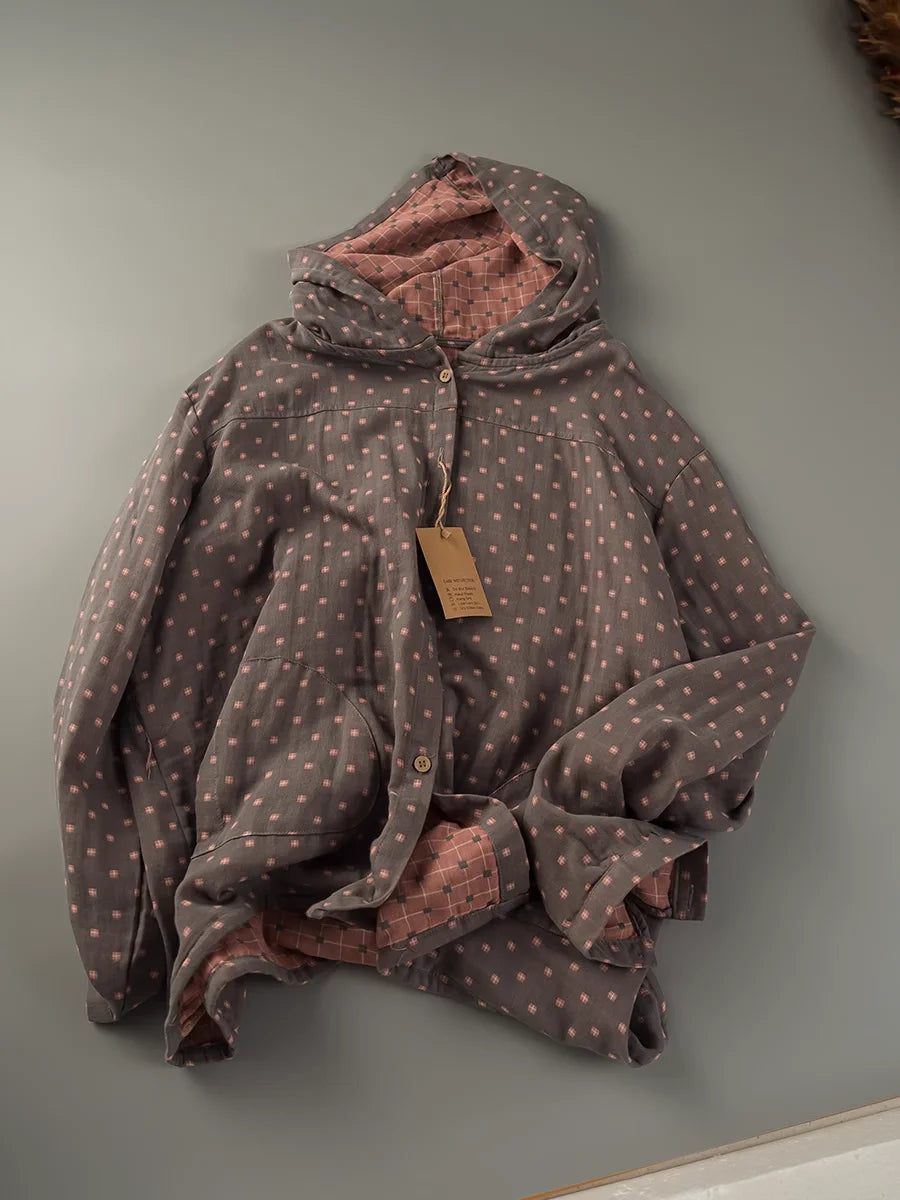 Women's Patterned Hooded Long Sleeve Button Front Shirt