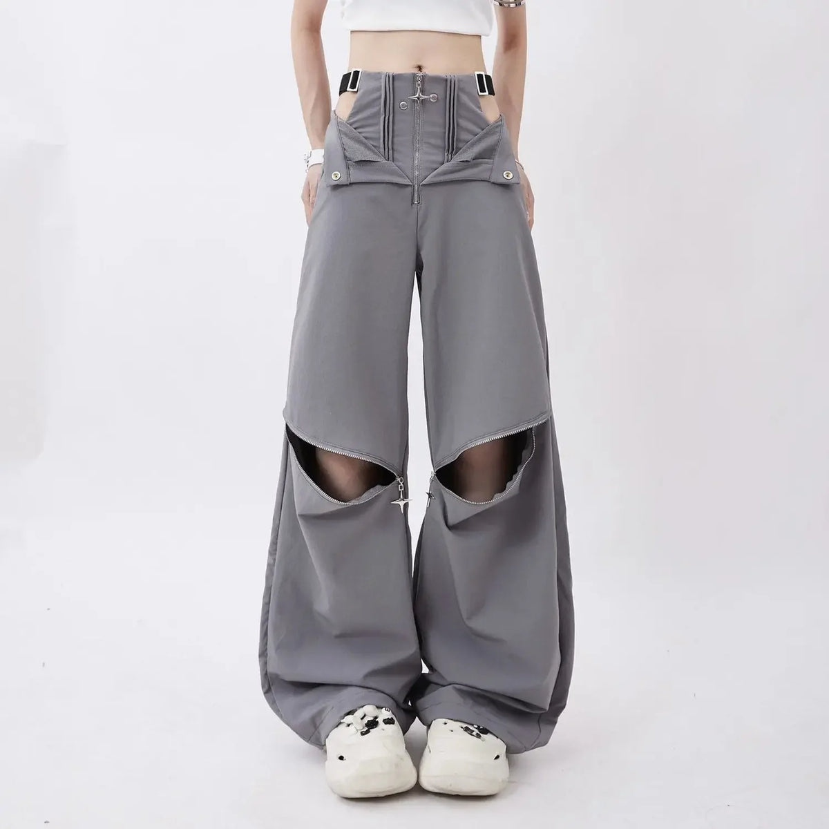 Women's Black Wide Leg Pants with Cutout Knees and Zip Details