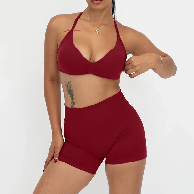 Women's Strappy Bra And Shorts Yoga Set For Workout Outfits