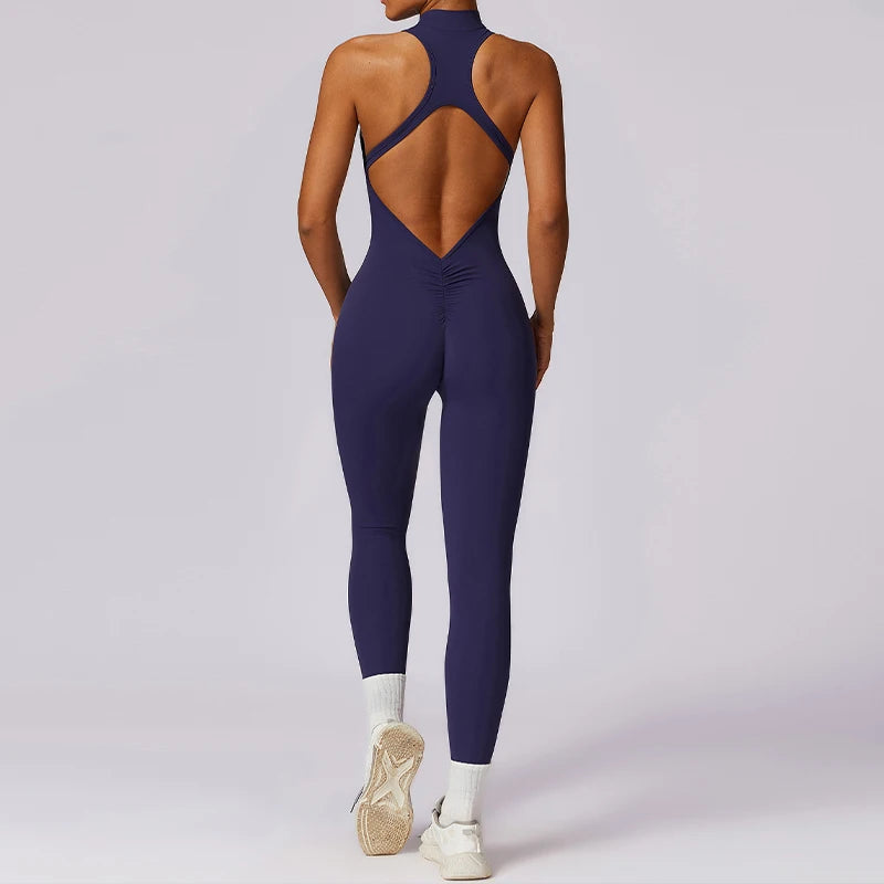 Women's Sleeveless Nylon Blend Workout Jumpsuit with Back Cutout and Fitted Legs