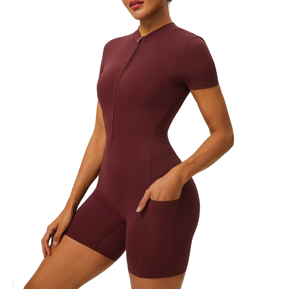 Women's Short Sleeve Zip Front Workout Romper with Open Back