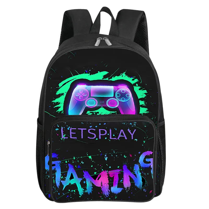 Children's Gamepad Print Backpack with Front Pocket and Twin Shoulder Straps
