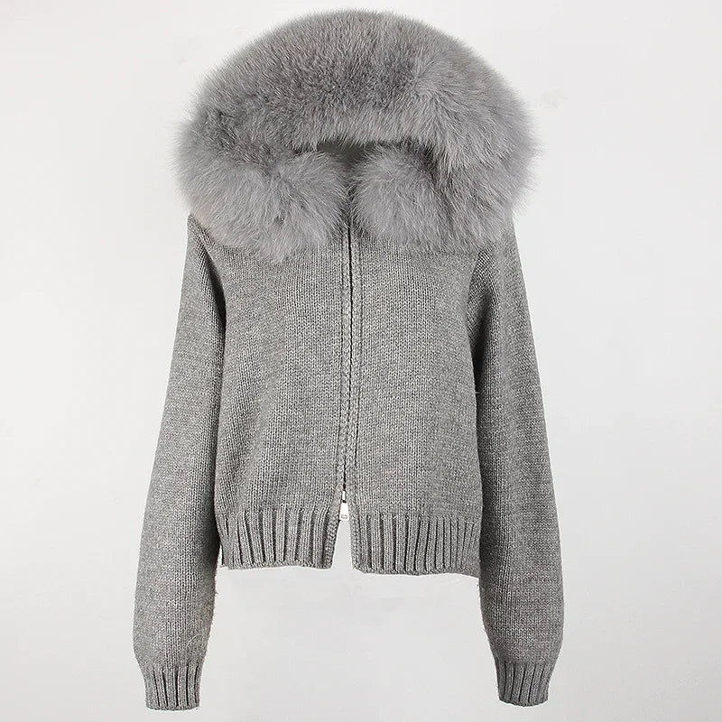 Women's Hooded Zip Front Fluffy Trim Jacket Casual Knit Layer