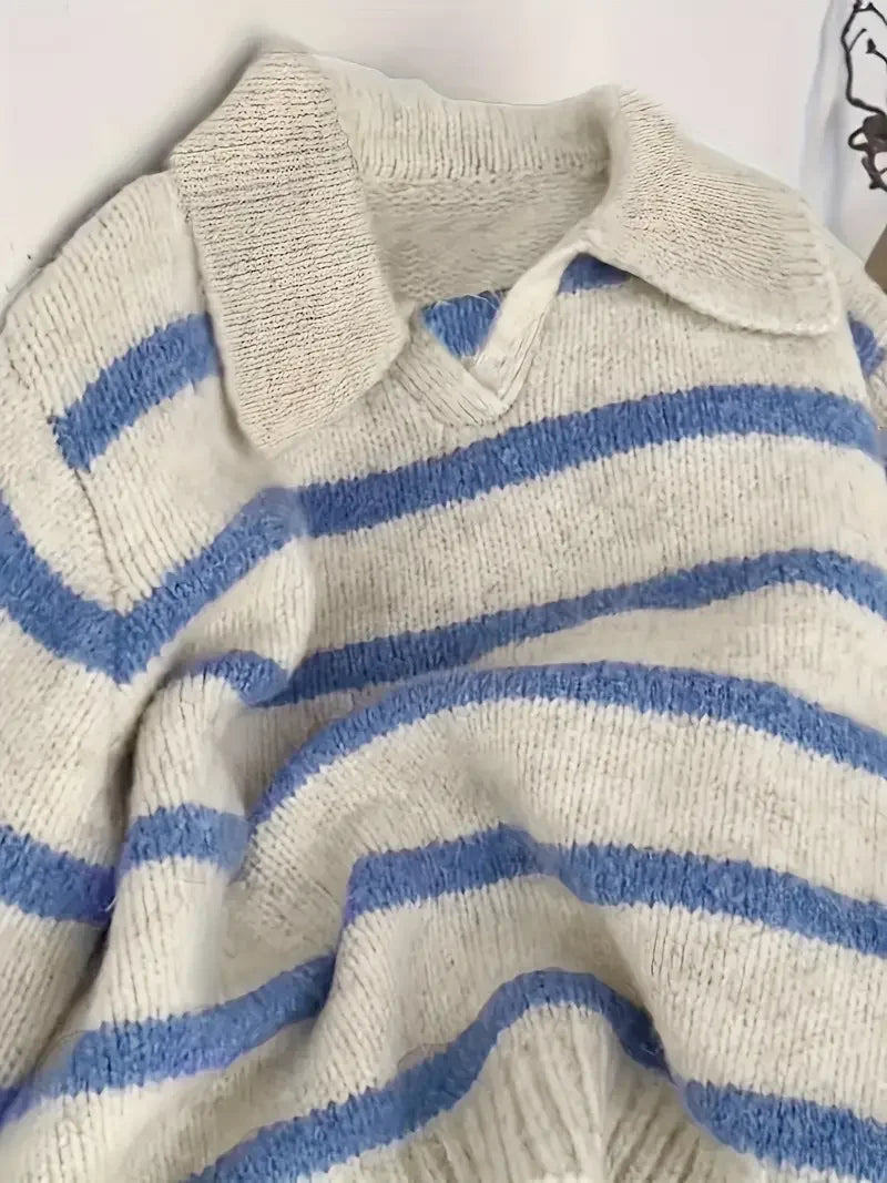 Women's Striped Polo Collar Pullover Sweater Casual Knit Layer