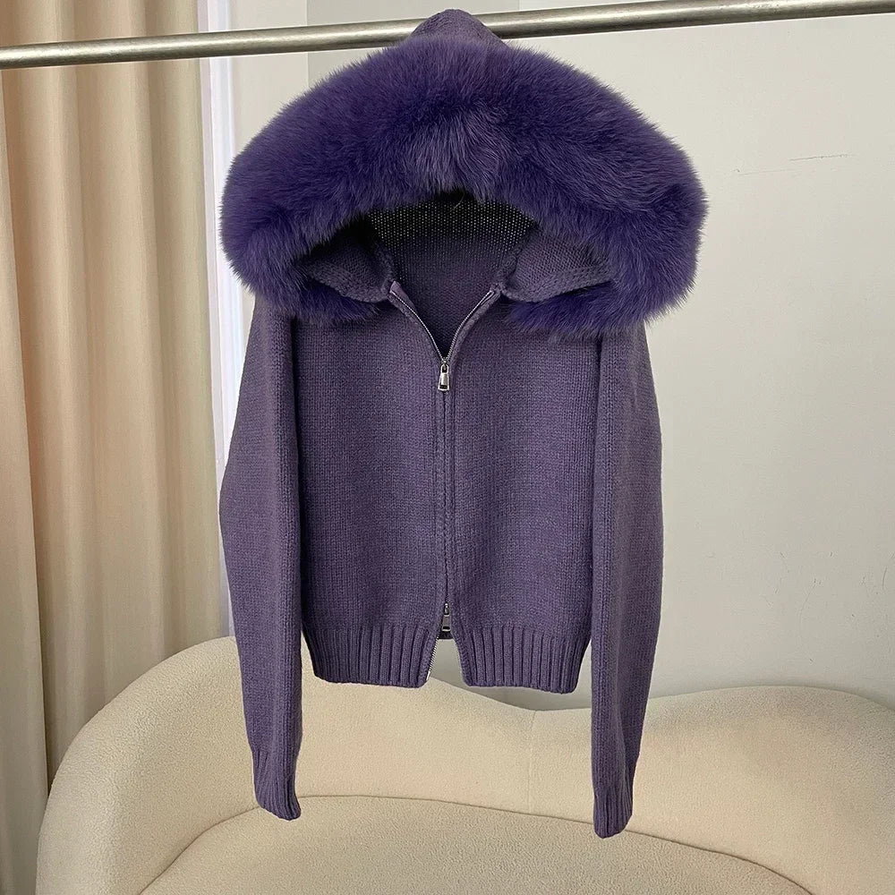 Women's Hooded Zip Front Fluffy Trim Jacket Casual Knit Layer