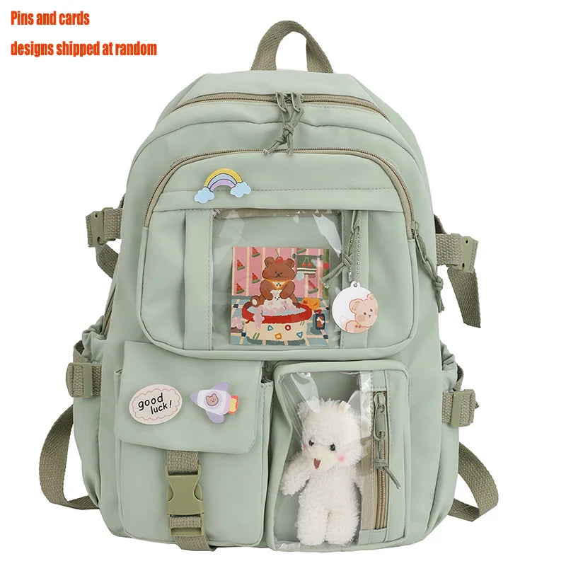 Multi-Pocket Student Backpack with Transparent Display Panels and Side Strap Details