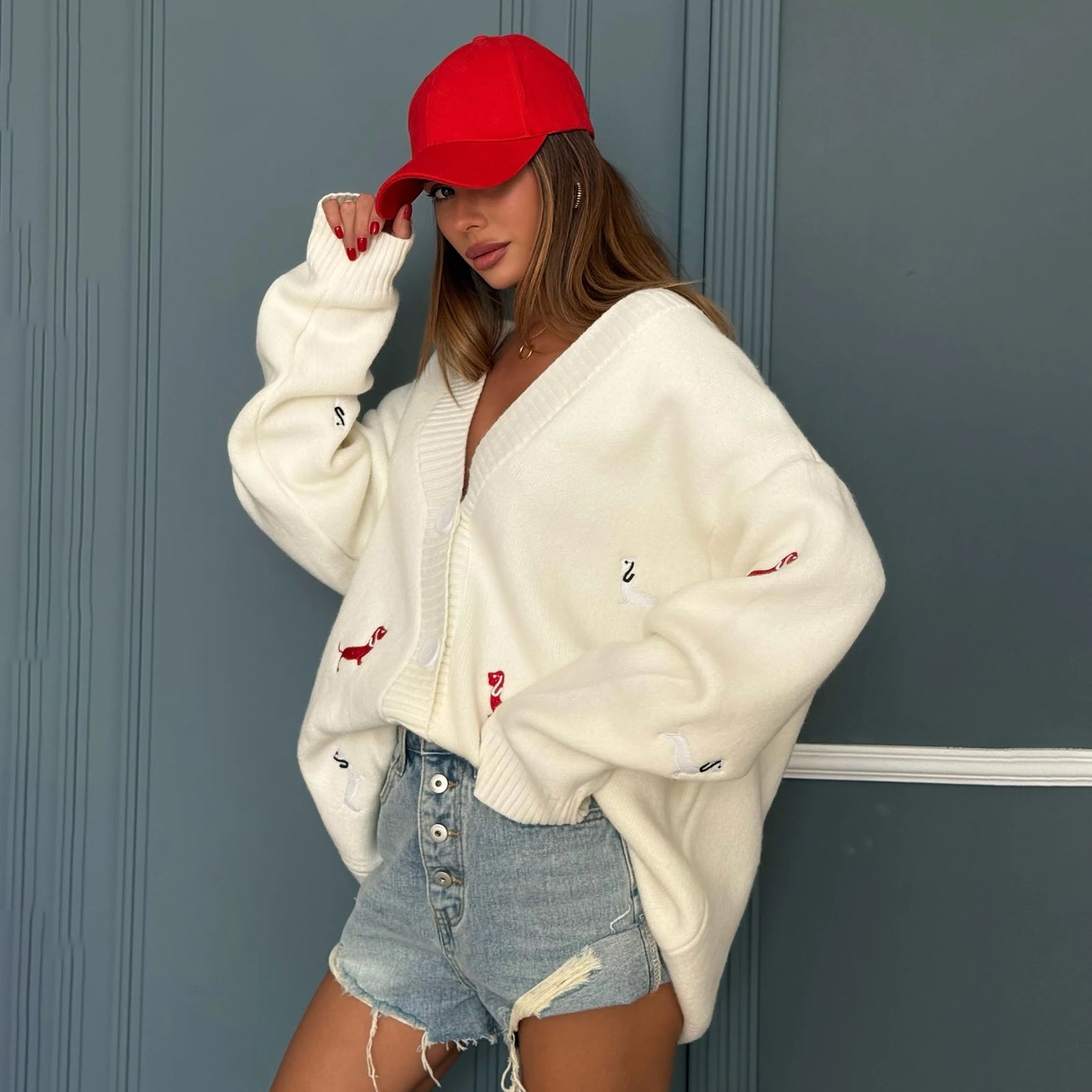 Women's Dog Embroidered Oversized Button Front Cardigan Casual Knit Layer