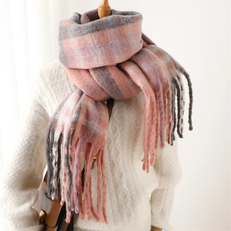 Multicolor Plaid Scarf with Long Shape and Fringed Ends