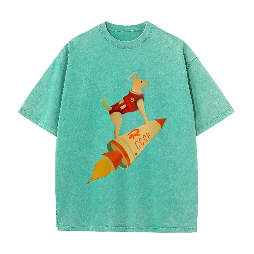 Vintage Washed Gray Tshirt CCCP Laika Space Dog Rocket Cartoon Print Loose Short Sleeve Retro Soviet Casual Tee
