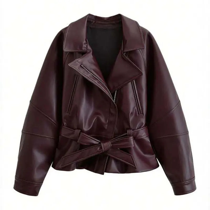 Women's Belted Faux Leather Lapel Jacket for Layered Outfits