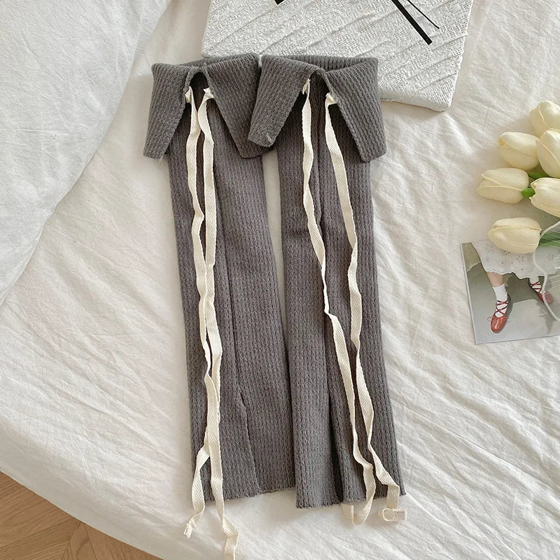 Solid Calf Leg Warmers with Decorative Ribbon Tie Details