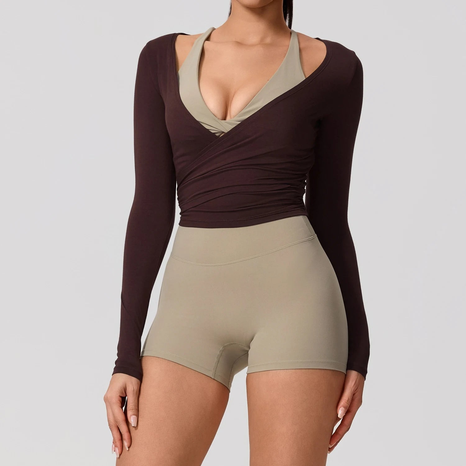 Women's Wrap Tie Front Long Sleeve Crop Top