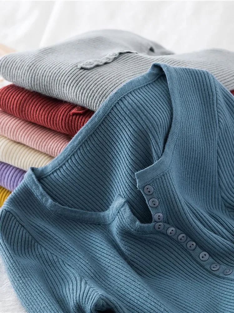 Women's V Neck Short Button Placket Sweater Casual Knit Layer