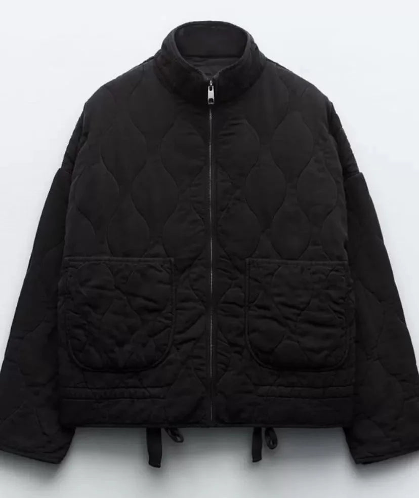 Stand Collar Long Sleeve Quilted Padded Casual Jacket