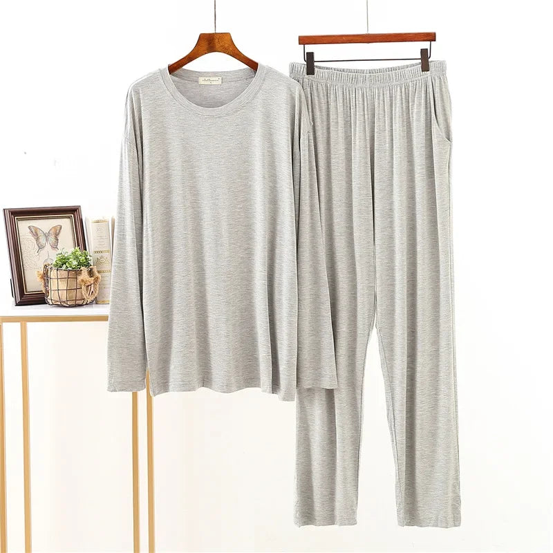 Men's Solid Crew Neck Long Sleeve Top and Pants Pajama Set