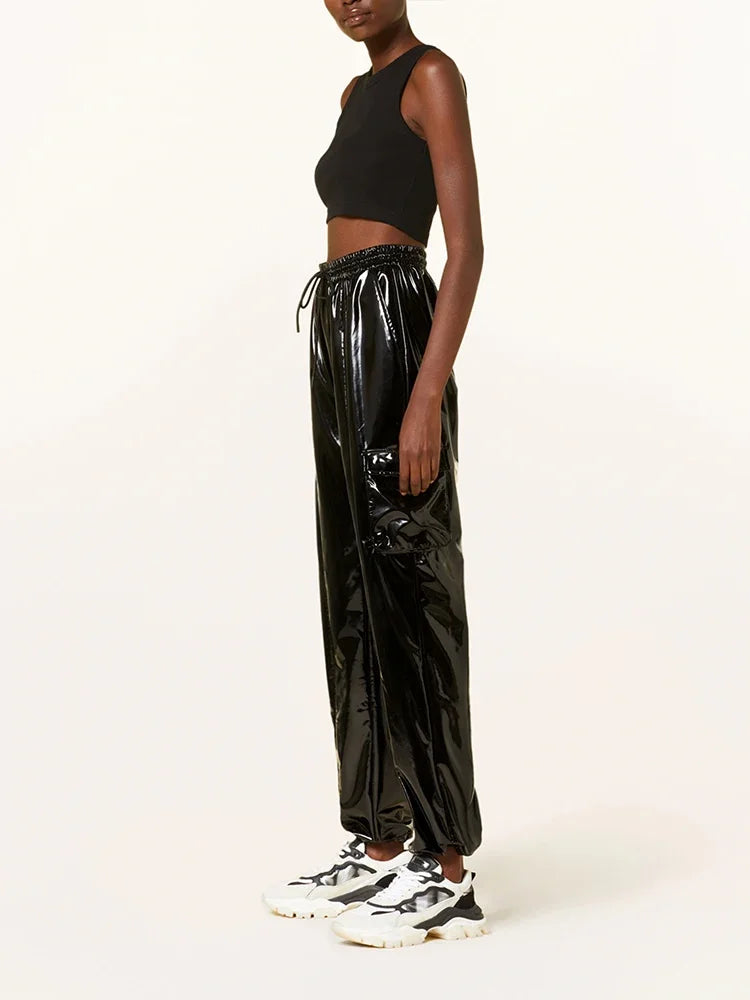 Women's Shiny Faux Leather Cargo Joggers with Drawstring Waist and Cuffs