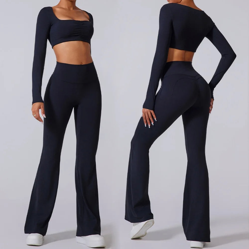Women's Long-Sleeve Crop Top and Flared Pants Workout Set