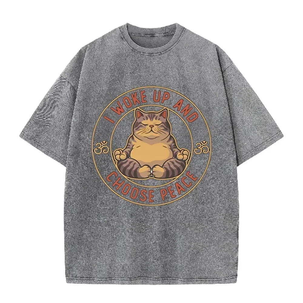 Retro Beige Zen Yoga Tabby Cat Om Symbol Acid Wash Oversized Streetwear Tee