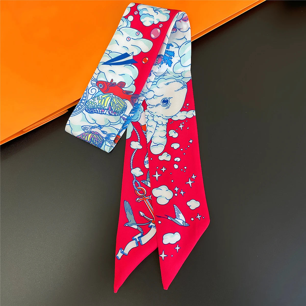 Colorful Printed Skinny Ribbon Scarf with Tie Ends