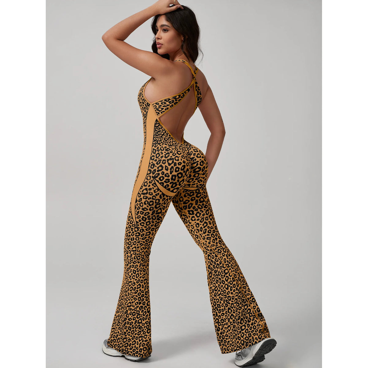 Women's Leopard Print Polyester Workout Jumpsuit with Flared Full Length Legs