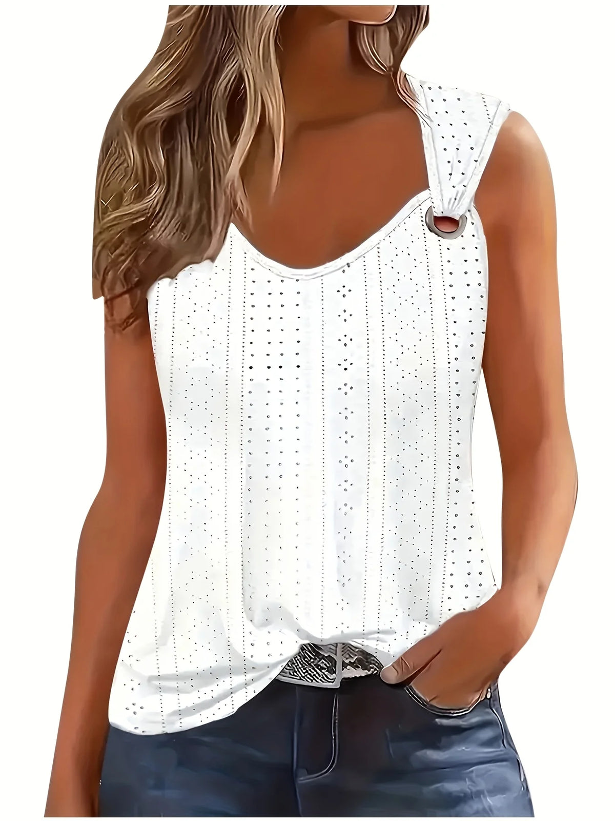 Women's Eyelet Polyester Blend Tank Top with V Neck and Buckle Straps