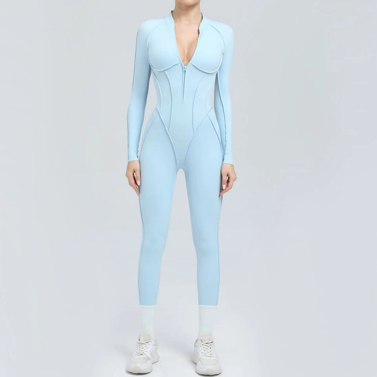 Women's Zip Front Contour Seam Workout One Piece in Long and Short Styles