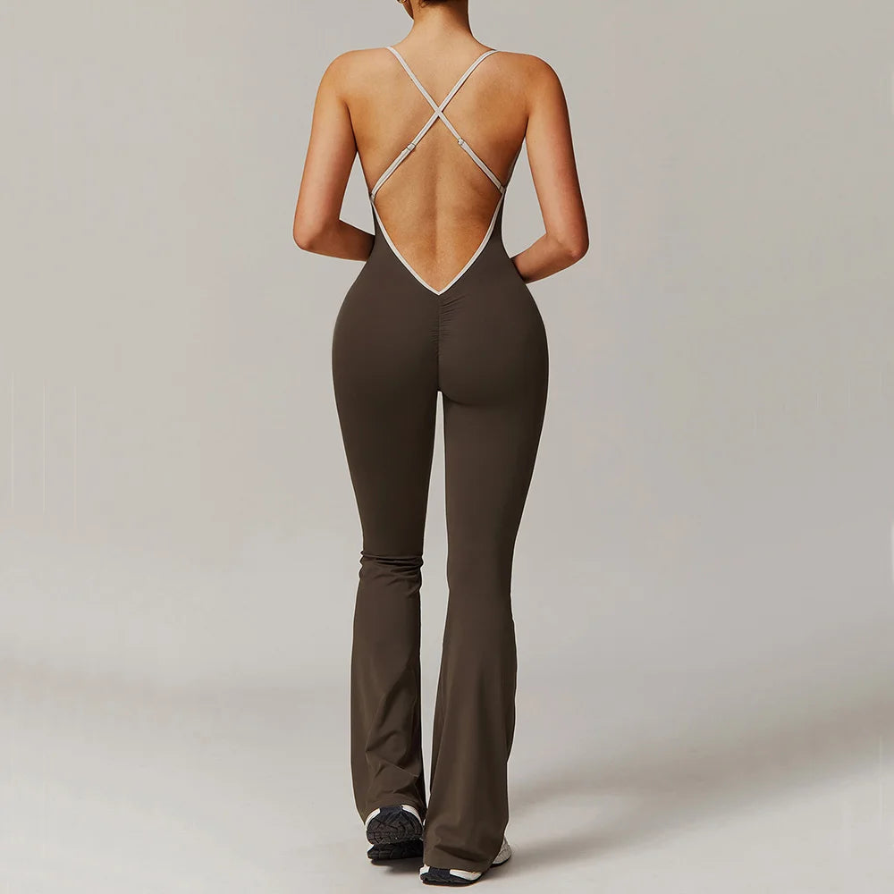 Women's Sleeveless Nylon Blend Flared Workout Jumpsuit with Scoop Neck