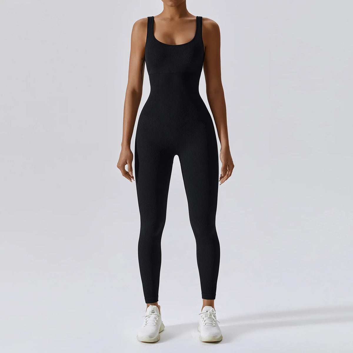 Women's Ribbed Nylon Blend Sleeveless Workout Jumpsuit with Scoop Neck