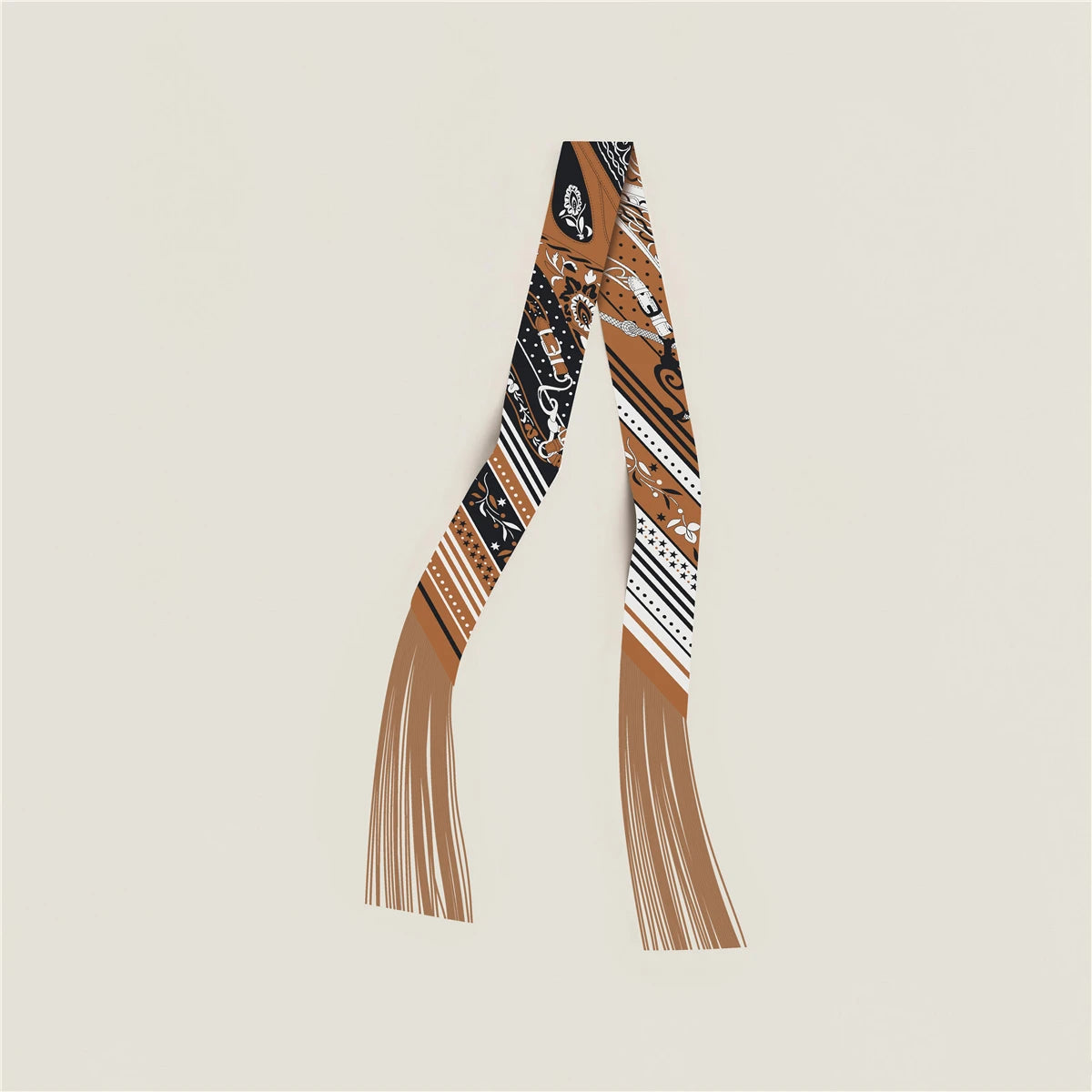 Printed Narrow Ribbon Scarf with Decorative Fringed Ends