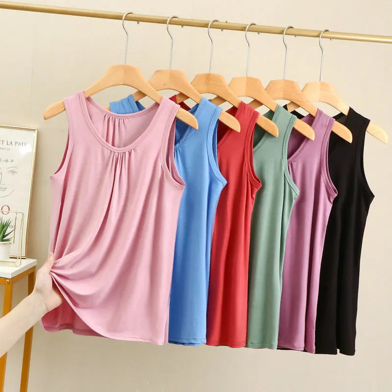 Women's Gathered Neck Polyester Modal Tank Top with Loose Sleeveless Fit