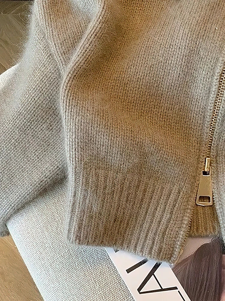 Women's Fluffy Turn Collar Zip Front Cardigan Casual Knit Layer