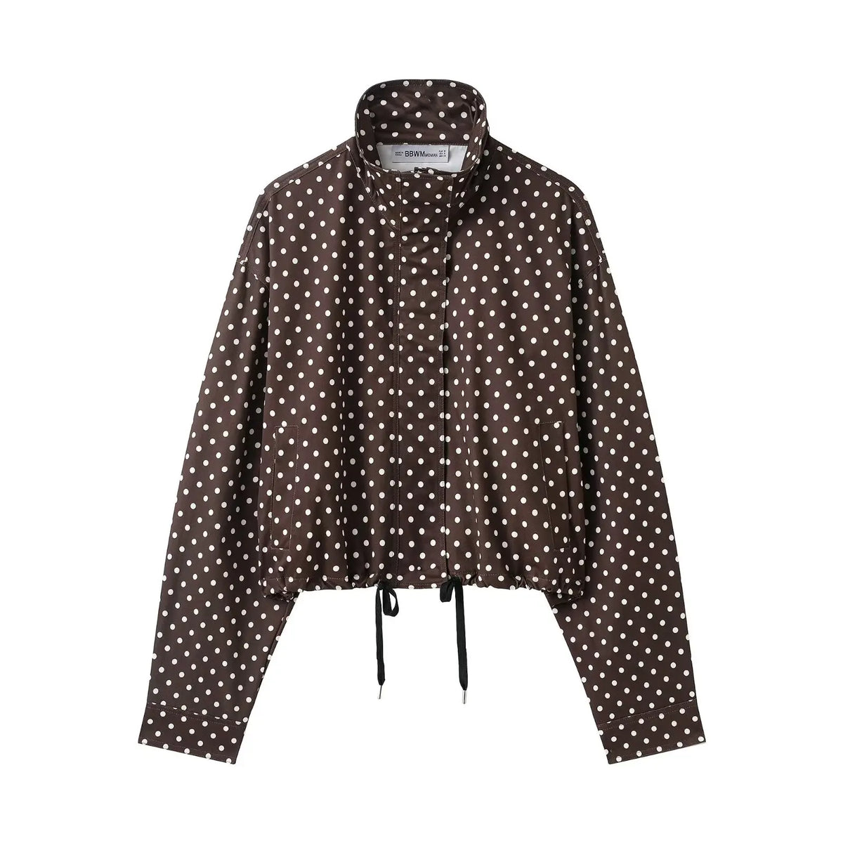 Women's Polyester Polka-Dot Long-Sleeve Zip-Front Collared Jacket with Pockets for Casual Outfits