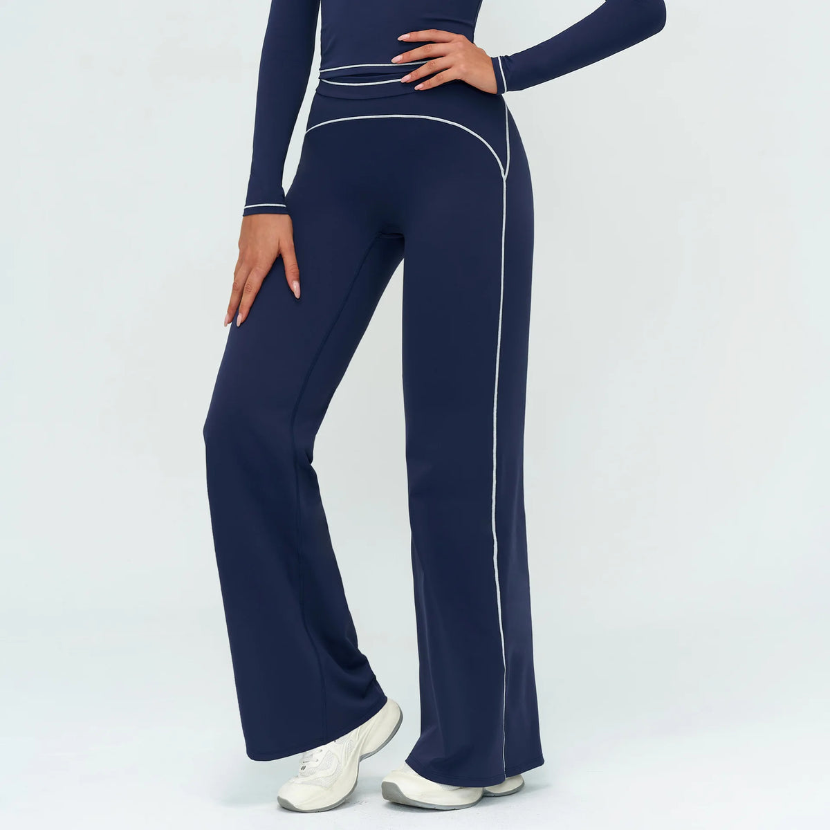 Women's High Waist Flared Workout Pants with Curved Contrast Seam Details