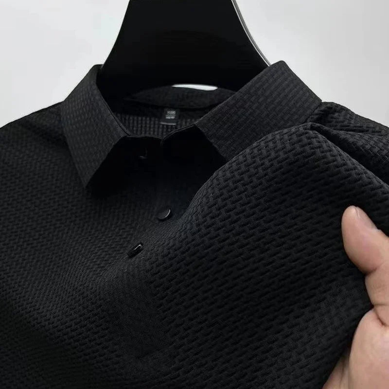 Men's Textured Short-Sleeve Polo Shirt with Collar and Button Placket